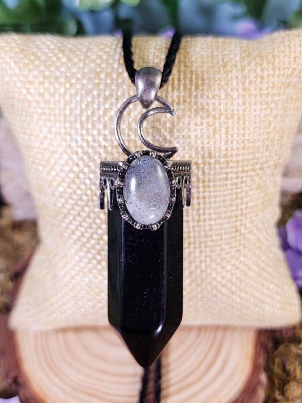 Crescent Moon Pointed Obsidian Necklace #4